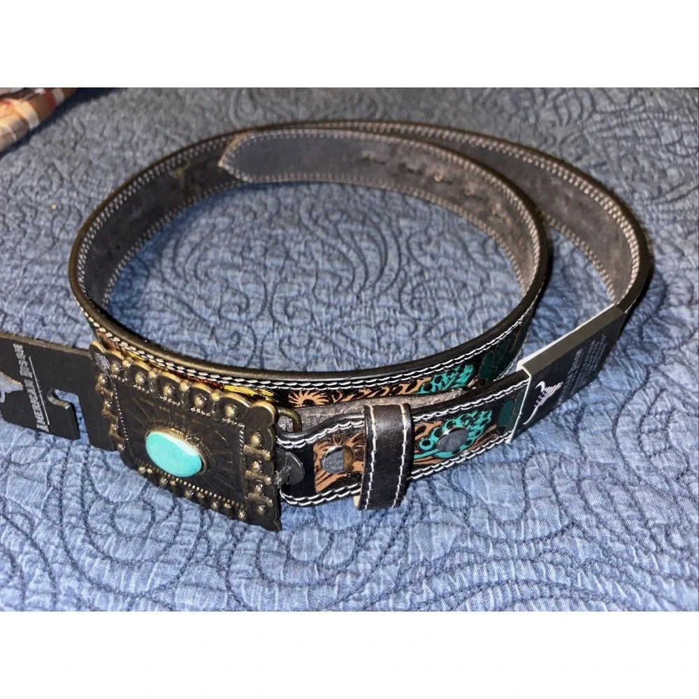 NWT American Bison Tooled Leather Belt Sz XL 42-44 Sunflower Turquoise Buckle